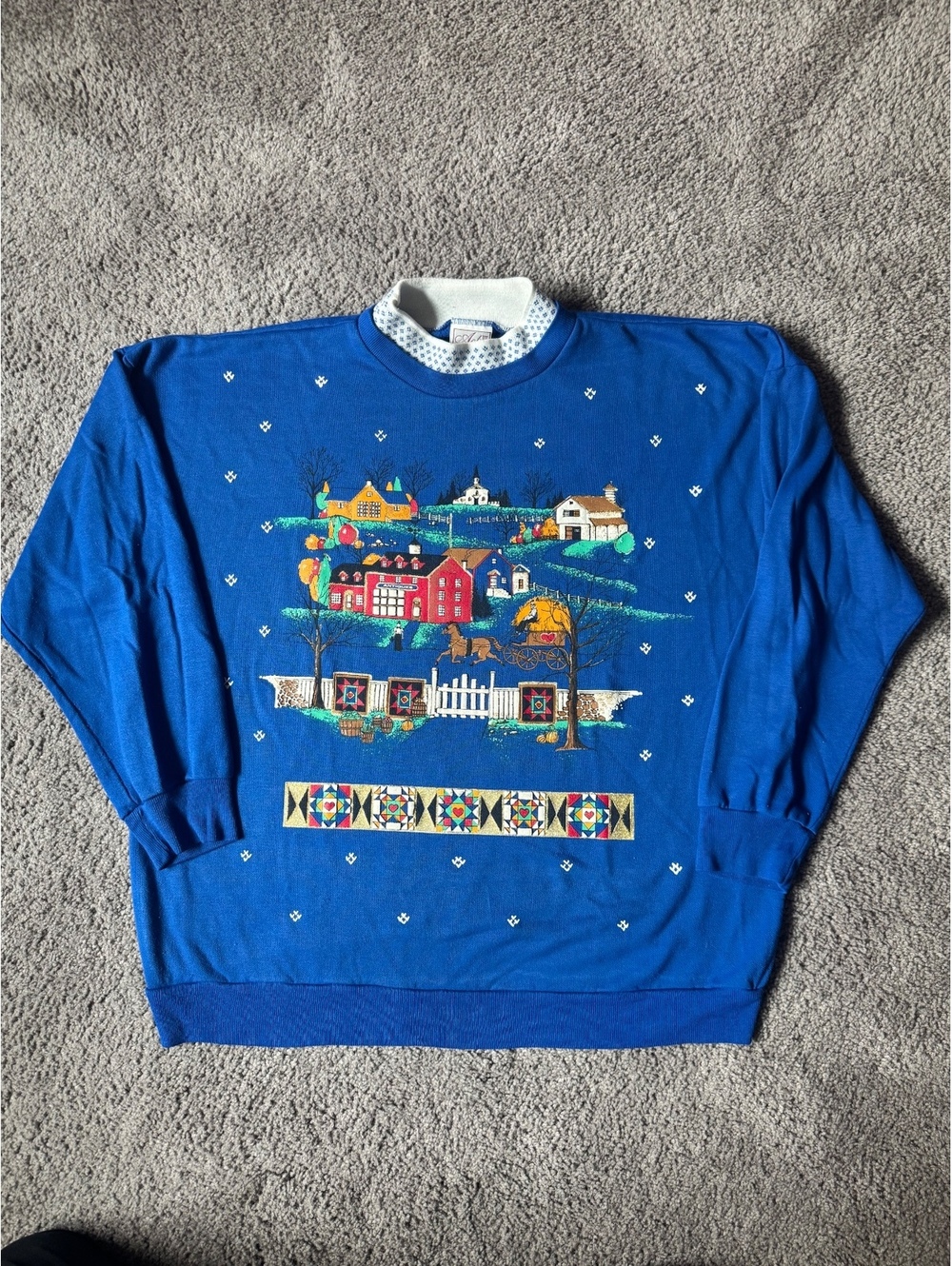 Act III Classics Vintage Blue Pullover Sweatshirt with Scenic Embroidery
